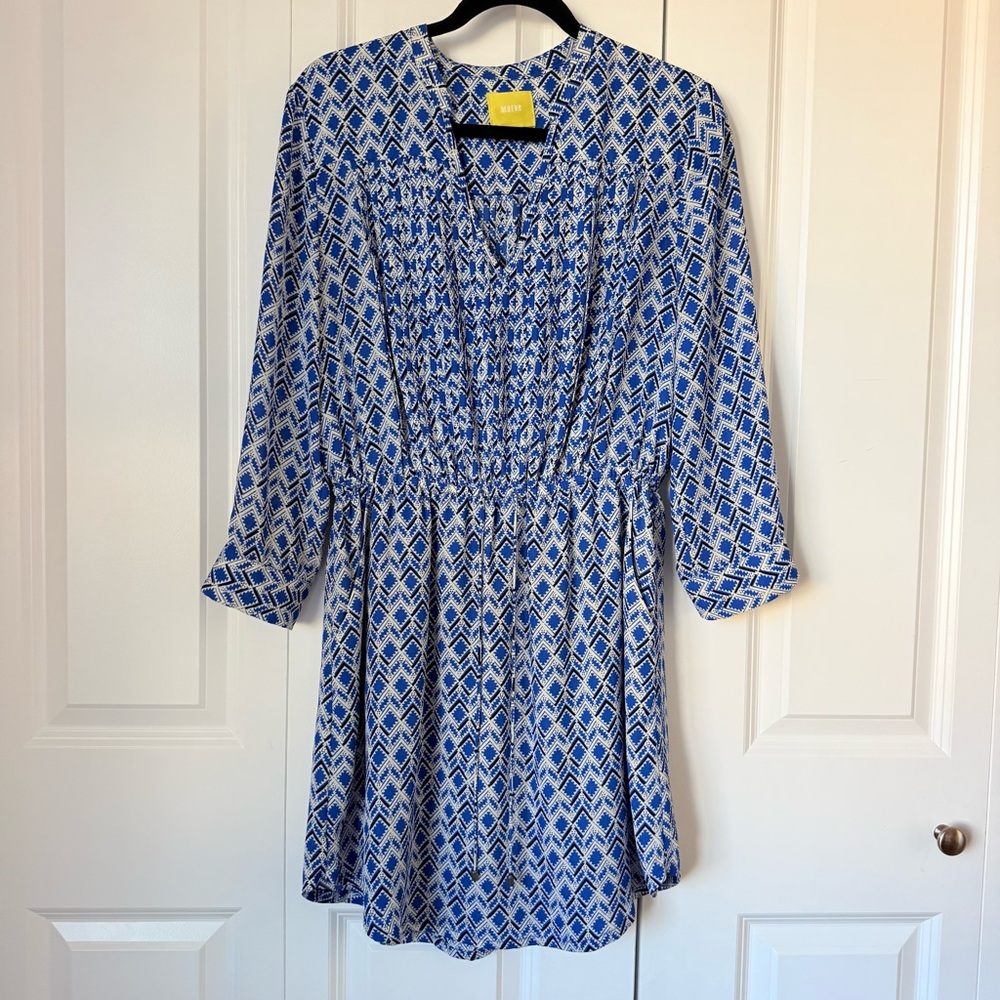 Anthropologie Maeve Blue and White Geometric Mini Dress